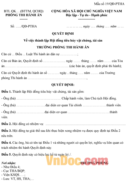 Mẫu quyết định về việc thành lập hội đồng tiêu hủy vật chứng, tài sản