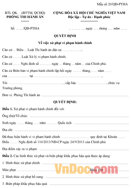 Mẫu quyết định về việc xử phạt vi phạm hành chính
