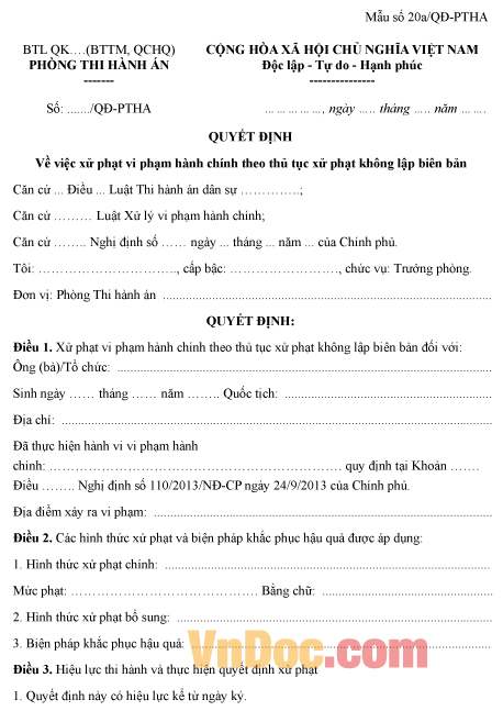 Mẫu quyết định về việc xử phạt hành chính không lập biên bản
