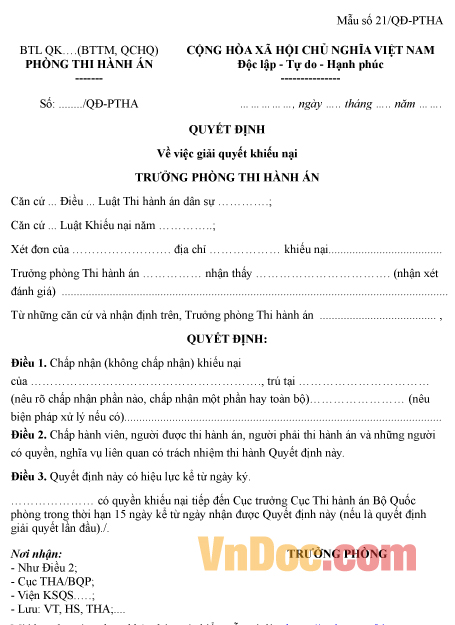 Mẫu quyết định về việc giải quyết khiếu nại