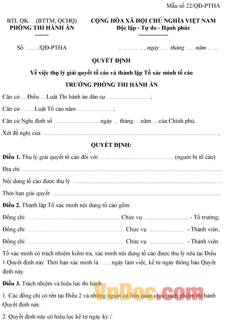 Mẫu quyết định về việc thụ lý giải quyết tố cáo và thành lập tổ xác minh tố cáo