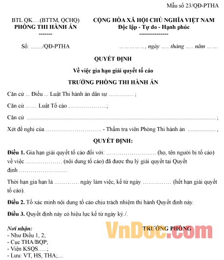 Mẫu quyết định về việc gia hạn giải quyết tố cáo