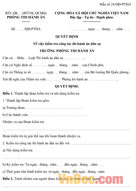 Mẫu quyết định về việc kiểm tra công tác thi hành án dân sự