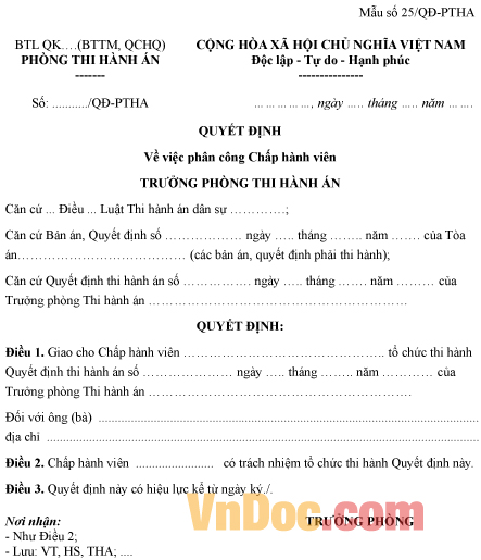 Mẫu quyết định về việc phân công chấp hành viên