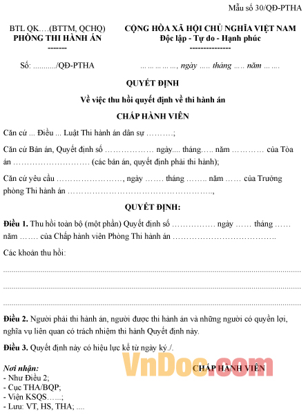 Mẫu quyết định về việc thu hồi quyết định thi hành án