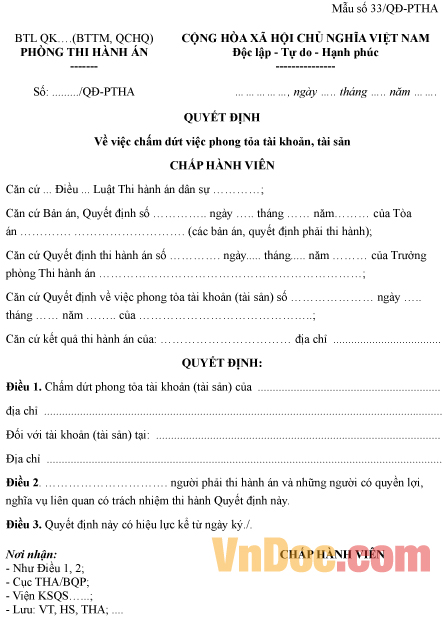 Mẫu quyết định về việc chấm dứt phong tỏa tài khoản, tài sản