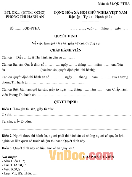 Mẫu quyết định về việc tạm giữ tài sản, giấy tờ của đương sự