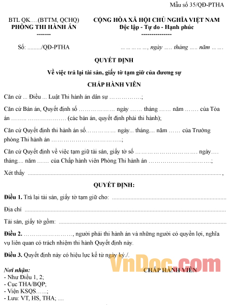 Mẫu quyết định về việc trả lại tài sản, giấy tờ tạm giữ của đương sự