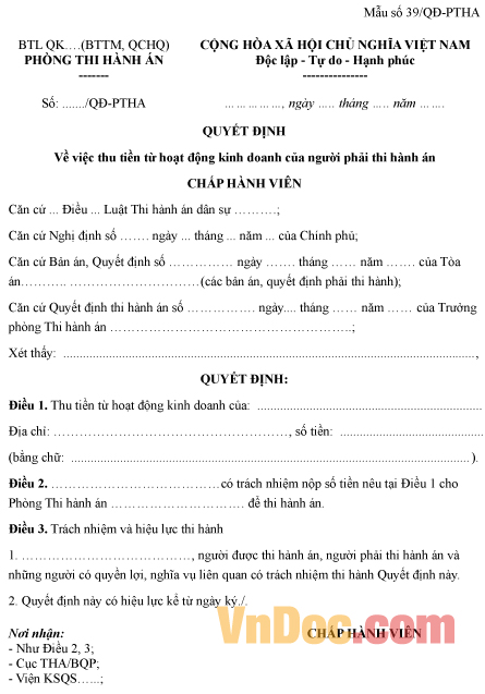 Mẫu quyết định về việc thu tiền từ hoạt động kinh doanh của người thi hành án