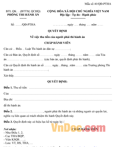 Mẫu quyết định về việc thu tiền của người phải thi hành án