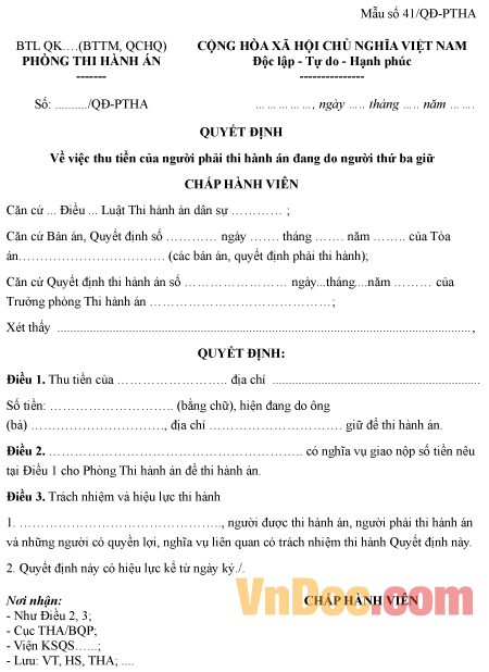 Mẫu quyết định về việc thu tiền của người phải thi hành án do người thứ ba giữ