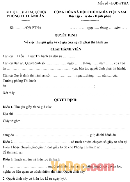 Mẫu quyết định thu giữ giấy tờ có giá của người phải thi hành án