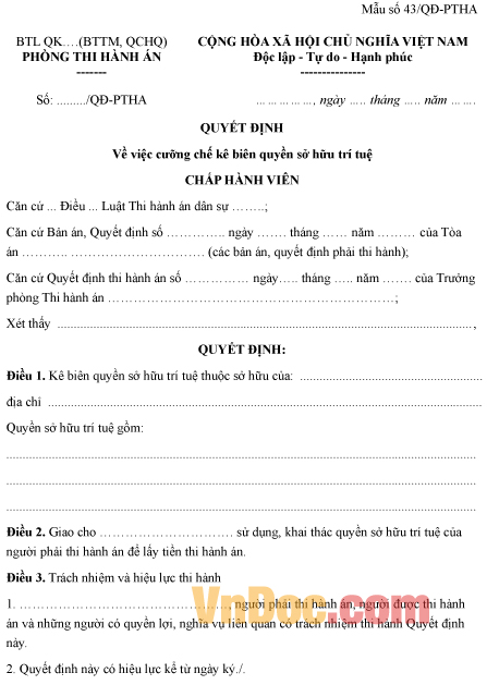 Mẫu quyết định về việc cưỡng chế kê biên quyền sở hữu trí tuệ