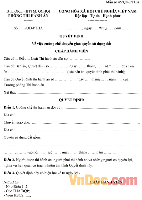 Mẫu quyết định về việc cưỡng chế chuyển giao quyền sử dụng đất