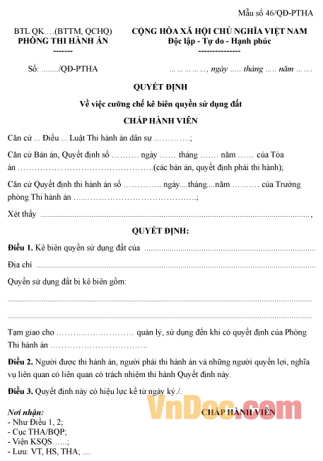 Mẫu quyết định về việc cưỡng chế kê biên quyền sử dụng đất