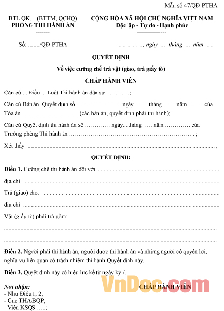 Mẫu quyết định về việc cưỡng chế trả vật
