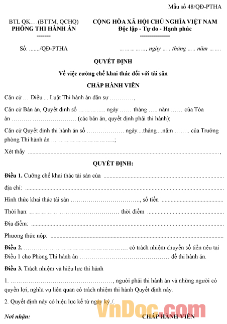 Mẫu quyết định về việc cưỡng chế khai thác đối với tài sản