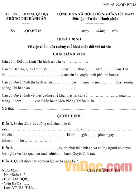 Mẫu quyết định về việc chấm dứt cưỡng chế khai thác đối với tài sản