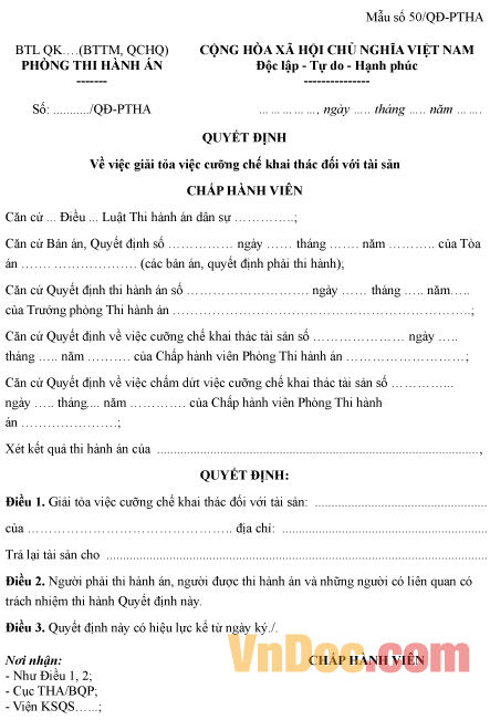 Mẫu quyết định về việc giải tỏa cưỡng chế khai thác đối với tài sản