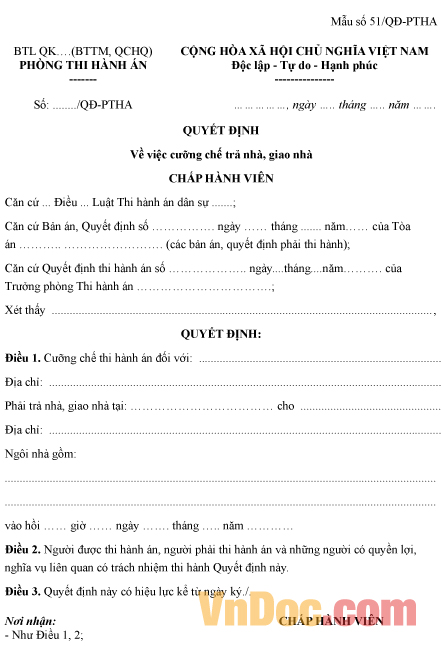 Mẫu quyết định về việc cưỡng chế trả nhà, giao nhà