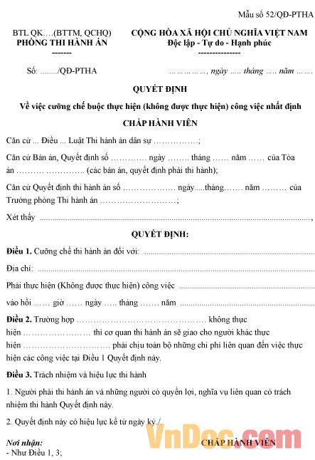 Mẫu quyết định về việc cưỡng chế buộc thực hiện công việc nhất định
