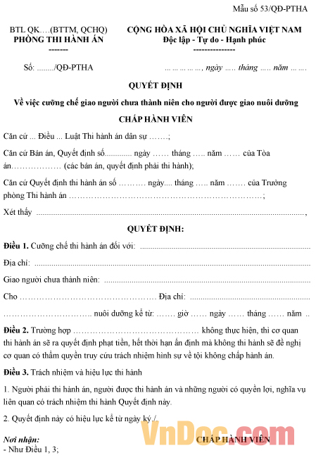 Mẫu quyết định cưỡng chế giao người chưa thành niên cho người được giao nuôi dưỡng