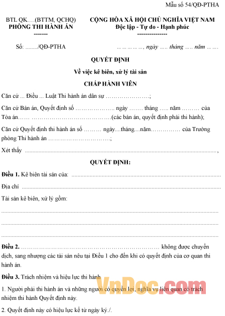 Mẫu quyết định về việc kê biên, xử lý tài sản