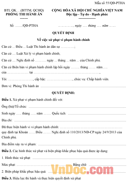 Mẫu quyết định về việc xử phạt vi phạm hành chính