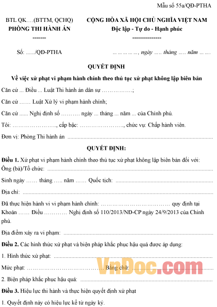 Mẫu quyết định về việc xử phạt vi phạm hành chính không lập biên bản