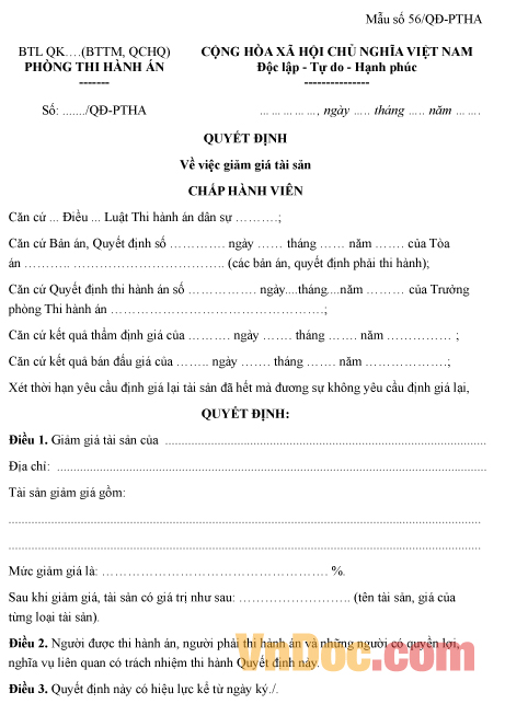 Mẫu quyết định về việc giảm giá tài sản