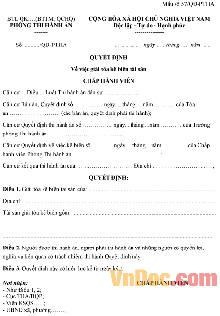 Mẫu quyết định về việc giải tỏa kê biên tài sản