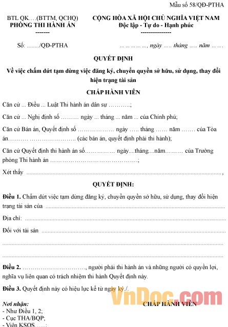 Mẫu quyết định chấm dứt tạm dừng đăng ký, sử dụng tài sản