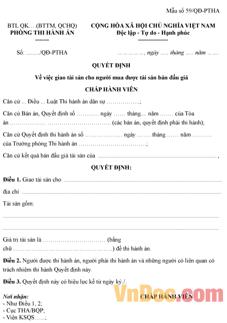 Mẫu quyết định về việc giao tài sản cho người mua được tài sản bán đấu giá