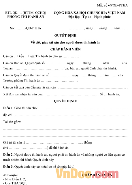 Mẫu quyết định về việc giao tài sản cho người được thi hành án