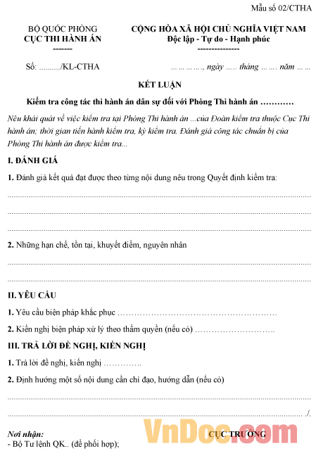 Mẫu kết luận kiểm tra công tác thi hành án dân sự với phòng thi hành án