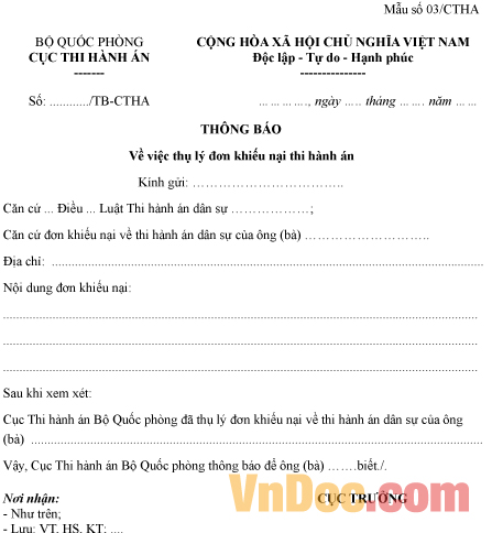 Mẫu thông báo về việc thụ lý đơn khiếu nại thi hành án