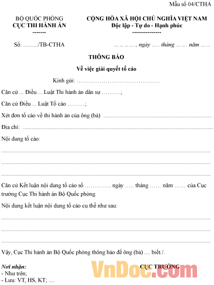 Mẫu thông báo về việc giải quyết tố cáo