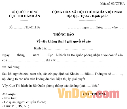 Mẫu thông báo về việc không thụ lý giải quyết tố cáo