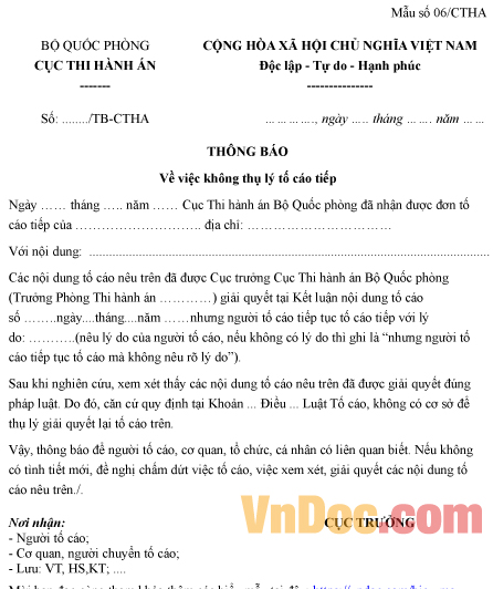 Mẫu thông báo về việc không thụ lý tố cáo tiếp