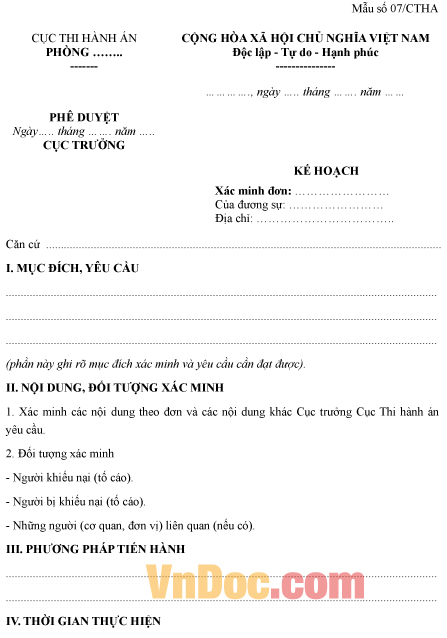 Mẫu kế hoạch về việc xác minh đơn