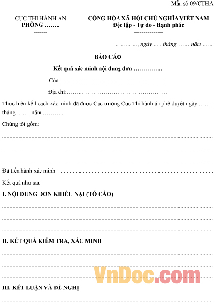 Mẫu báo cáo về kết quả xác minh nội dung đơn