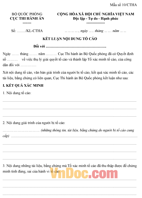 Mẫu kết luận nội dung tố cáo