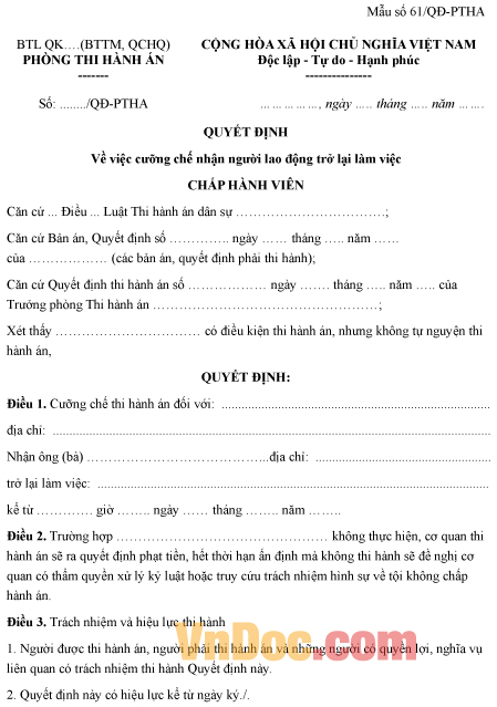 Mẫu quyết định về việc cưỡng chế nhận người lao động trở lại làm việc