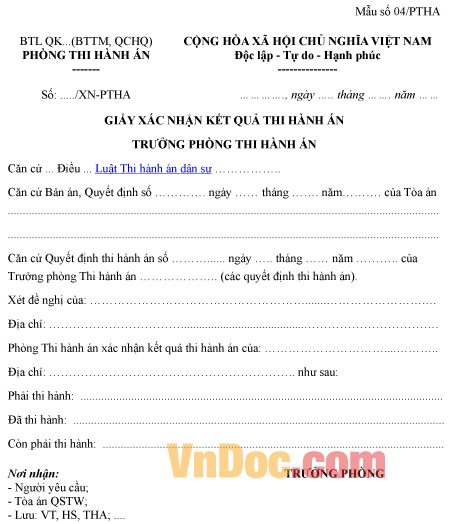 Mẫu giấy xác nhận kết quả thi hành án