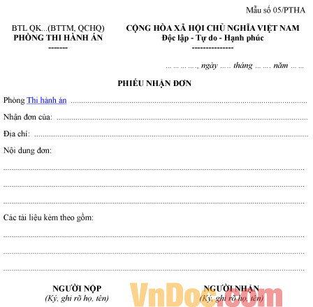 Mẫu phiếu nhận đơn