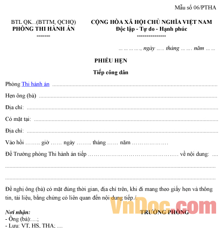 Mẫu phiếu hẹn tiếp công dân