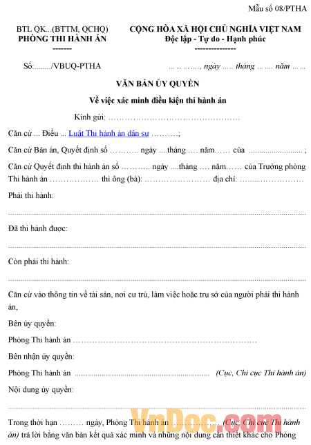 Mẫu văn bản ủy quyền xác minh điều kiện thi hành án