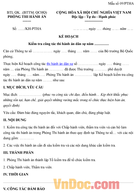 Mẫu kế hoạch kiểm tra công tác thi hành án dân sự