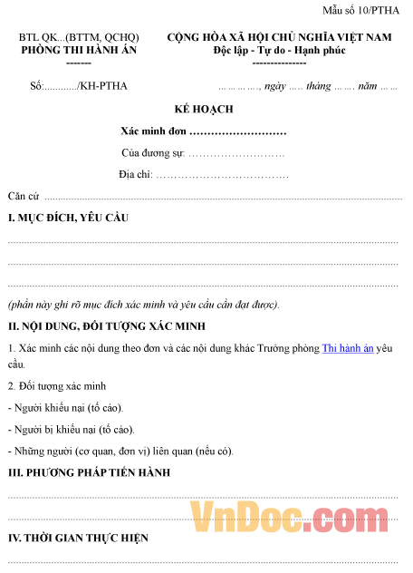 Mẫu kế hoạch xác minh đơn