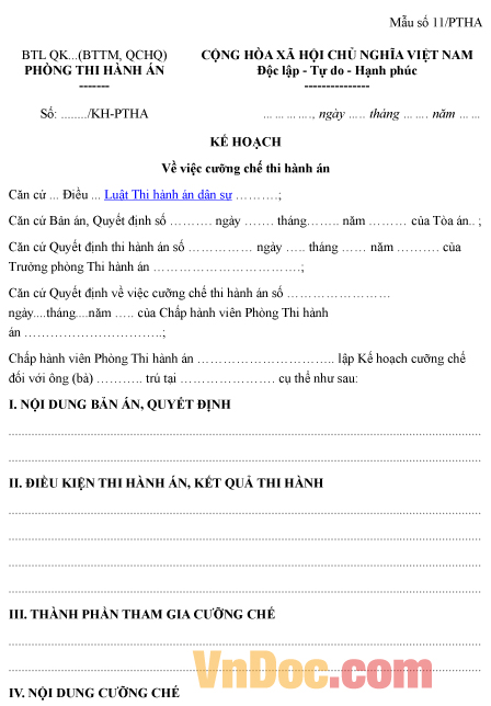 Mẫu kế hoạch cưỡng chế thi hành án